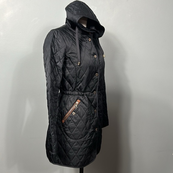 Massimo Dutti Quilted Dark Navy Midi Length Hooded Jacket Coat size small - Picture 2 of 16